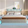 WOBOPCG Letto Matrimoniale 140x200 con Contenitore, Letto Imbottito 140x200 con LED e Ricarica USB Letto con Contenitore una Piazza e Mezza Struttura Letto Matrimoniale con Doghe e Testiera (Grigio, Velluto)