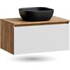 Planetmöbel - Set di mobili da bagno, armadietto lavabo da 80 cm, in rovere Arisa, oro bianco (con nervature), lavabo 42 cm nero, incluso sifone salvaspazio
