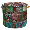 DK Homewares Ottomano Pouf Rotondo Etnico Sgabello Verde Patchwork Ricamato Pouf in Cotone Ricamato Pouf Decorativo poggiapiedi | (22x22x14 Pollici / 55 cm) | Solo Copertura