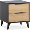 HOMN LIVING Kalma - Comodino con 2 cassetti, colore: nero/legno, 45 cm (larghezza) 40 cm (profondità) 48,5 cm (altezza)