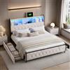 FOERPL Letto Matrimoniale con Cassetti 140x200, letto Imbottito con Led e USB-C Letto Contenitore Matrimoniale 140x200 Struttura letto Matrimoniali con 4 Cassetti in Ferro Beige Velluto, Senza Materasso