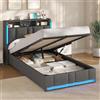 AOGLLATI Letto Singolo con Contenitore 90x200 cm, Letto Singolo con Illuminazione a LED e Stazione di Ricarica, Struttura Letto Imbottito con Testiera e Sollevamento Idraulico, Grigio Scuro