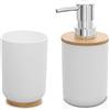 Inbagno Set Accessori Bagno Bianco, 2 Pezzi, Dispenser e portaspazzolini, ABS e Legno bambù, Linea Surf