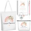 Hestya 5 Pezzi Regalo Maestre Fine Anno Grazie Maestra Borsa Tote per Insegnanti Borsa Comestic Portachiavi Penna a Sfera Taccuini Tascabili Regali Ringraziamento per Insegnante Laurea Compleanno