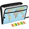 Quteprint Cartella portadocumenti espandibile con 13 tasche con chiusura a cerniera, cartellina blu con mappamondo a fisarmonica con etichette adesive, formato lettera A4, portadocumenti espandibile