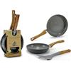 EMPOTEC Set 2 Padelle WoodLine Antiaderente 20/24cm Corpo 2,3mm 6 Strati con Spatola in Nylon 34cm Manici Antiscottatura Gas Elettrico Induzione Tegami Lavabili in Lavastoviglie