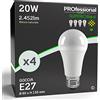 Eurocali 4x Lampadina LED E27 20W Opaca (2452 lumen pari a 150W) - Forma: Goccia - Bianco Naturale 4000K - Fascio Luminoso 310°