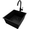 PRIMAGRAN Lavandino da Cucina Tutto Nero 41x47cm, Lavello in Granito a 1 vasca + Rubinetto 32x20cm + Set di accessori, Lavabo da Cucina Incasso al Mobile 45cm - London Slim S128