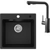 CECIPA Lavello in granito nero, 45 x 45 cm, con rubinetto da cucina estraibile in acciaio inox, set con 2 fori per rubinetto, lavello rettangolare da cucina, lavabo con rubinetto per lavello