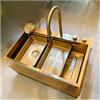 KOOGIMDDR 65 x 50 cm, lavandino oro da cucina, con rubinetto a cascata, lavello da cucina in acciaio inox, rettangolare, montaggio superiore con coppa lavabo, tagliere rimovibile