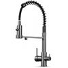 Ari Rubinetto da cucina a 3 vie SOLID SPRING con doccetta estraibile, cavo separato per filtro dell'acqua, beccuccio girevole a 360°, rubinetto a molla in ottone, montaggio monoforo (grafite)