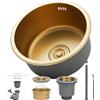 HZKSINNK Lavelli da cucina, lavelli singoli, dorati, 1 vasca, rotondi, lavelli da cucina/bagno, in acciaio inox dorato, nano con set di scarico, facile da pulire, da incasso/montaggio (oro #b,32 x 32