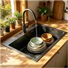 OMGMTSTORE Lavello da Cucina 60 x 45 cm Nero Antracite, Superficie Resistente ai Graffi, Lavello in Acciaio Inox, Lavello da Cucina con Griglia di Scolo, Incl. Stendibiancheria, Troppo Pieno, Lavello da Incasso