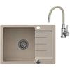 VBChome Lavello da Incasso in Granito Beige 60 x 44 cm - Lavello Singolo Reversibile con Sifone, Superficie Puntiforme, Resistente ai Graffi e al Calore, per Base da 45 cm