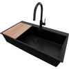 PRIMAGRAN Lavandino Angolare Tutto Nero 88x50cm, Lavello in Granito a 1 vasca + Rubinetto 40x20cm + Set di accessori, Lavabo da Cucina Incasso al Mobile 90cm - Oslo 90 Top S724