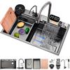 Generico Cascata Lavello Cucina Acciaio Inox Set, Lavandino Cucina Multifunzione, Rubinetto A Cascata A Led, Lavello A Cascata Digitale Con Lavatazze, Dispenser Di Sapone(Black-Grey#3,85x45cm)