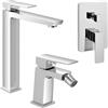 Inbagno Set Miscelatori Per Lavabo Da Appoggio, Bidet E Doccia In Ottone Cromato Della Linea Kubo, Completo Di Pilette Click Clack E Corpo Da Incasso
