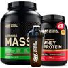 Optimum Nutrition Gold Standard 100% Whey Proteine Polvere con Aminoacidi Cioccolato al Latte 768g 24 Porzioni + Serious Mass Proteine Whey con Creatina Cioccolato 2,73Kg 8 Porzioni + SHAKER