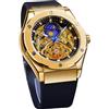 FORSINING Orologio da polso da uomo automatico a carica automatica, con cinturino in silicone nero, stile retrò, scheletro, fasi lunari, grande quadrante meccanico, Oro, Cinturino