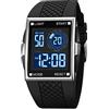 PASOY Orologio digitale unisex retroilluminato con allarme quadrato LED nero cinturino in gomma impermeabile per sport all'aperto, Quadrante nero C, all'aperto