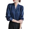 NAKEAH Camicia a Maniche Lunghe in Raso con Scollo a V Francese, Camicetta da Donna in Raso di Seta con Scollo a V, Camicia da Ufficio Elegante a Maniche Lunghe con Scollo a V (Large,Blue)