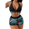 Yknktstc Costume da bagno da donna a due pezzi costumi da bagno floreale tropicale a vita alta abbigliamento da spiaggia pantaloncini da surf Halter top, Nero 2, M
