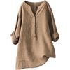 Generico Blusa Coreana Donna Cotone e Lino, Maniche Lunghe, Colletto Stile Coreano, unicolore, Elegante Fresca #D
