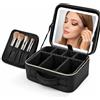 BAKAJI Borsa Nera Make Up Porta trucchi con Led, Valigetta Portatile con Specchio ed Illuminazione a 3 Livelli, Bianco Caldo, Freddo e Neutro, Organizer con Scomparti e Porta Pennelli