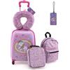 SOARS Set di 5 Pezzi Valigia 16'' + Zaino 13'' per Bambini, Bagagli 5-in-1 con Cuscino per Collo, Borsetta da Pranzo e Etichetta, Trolley con Maniglia Telescopica e Ruote Universali (Rosa Unicorno)