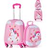 SOARS Set di Valigia 16'' + Zaino 12'' per Bambini 2 Pezzi, Bagagli 2-in-1 con Zainetto da Viaggio Aereo, Trolley con Maniglia Telescopica e 4 Ruote a 360° (Rosa Unicorno-NC)