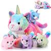 Harrycle Set di 5 Giocattoli Animali di Peluche del Unicorno Gatto Colorato 1 Peluche del Unicorno Gatto Mamma con 4 Animali di Pezza di Gattini Morbido per Bambini, 40 cm (Stile Carino)