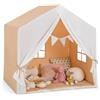 RELAX4LIFE Tenda per Bambini da Gioco 131x91x131cm con Tappettino Morbido e Lavabile, Bandiera, Finestre, Struttura in legno, con Cingie, per 2-3 Bambini (Marrone Chiaro)
