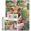 Tucocoo Puzzle da 1000 pezzi di mucca delle Highland per adulti, animali rustici pianta verde, puzzle artistico per il bagno per impegnativi giochi di attività familiari colorati fai da te puzzle per
