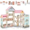 HOMASIS Casa delle Bambole in Legno per Bambini su 3 Livelli, Doll House con 42 Mobili e Accessori con 7 Stanze, Bella Casa da Sogno Principessa per Bambole, per Bambini 3+ Anni (Rosa)