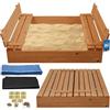 KOTARBAU® Sabbiera per Bambini con Coperchio - Legno di Pino - 120 x 120cm - Marrone - Sabbiera da Giardino per Bambini - con Panche Pieghevoli e Telo Antierba - Impragnato