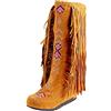 TDEOK Stivaletti da donna beige con tacco in pelle, stivali da cowboy da donna con tacco a frange, stivaletti alti al ginocchio, tacchi piatti, frange, caldi, vintage, scarpe lunghe, giallo., 39 EU