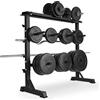 Physionics 𝗣𝗵𝘆𝘀𝗶𝗼𝗻𝗶𝗰𝘀® Rastrelliera Pesi - Carico Massimo 300kg, in Acciaio, 4 Ripiani per Barre, 7 Manici da Dischi, e Ripiano Manubri, Nero - Supporto, Rack Bilanciere, Portamanubri Palestra