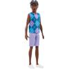 Barbie - Bambola Fashionistas Ken n. 253, con capelli castani, pantaloncini color lavanda, camicia a rombi turchese e lavanda, scarpe bianche incluse, JJN67