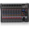JINPRDAMZ Mixer audio professionale a 12 canali, console stereo USB Bluetooth, display LCD per registrazione, DJ, palco, karaoke, live streaming, 48 V Phantom Power