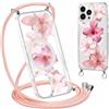 Coalbooliy Magnetica Custodia per iPhone 13 Pro 6,1 con Cordino, Trasparente Estivi Aesthetic Modello Fiore Rosa Disegni Cover Case Compatibile con MagSafe Collana Girocollo Femmina, 10