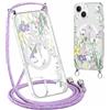 Yirlbey Cordino Cover per iPhone 14 / iPhone 13 6,1'', Aesthetic Viola Fiori Butterfly Motivo Disegno Magnetica Trasparente PC Compatibile con MagSafe Case Corda Laccio Antiurto Protettiva Custodia