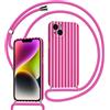 Kueqeay Custodia con Cordino per iPhone 13 Silicone Bumper Cover Ragazze Summer Motivo Striped Righe Cute Design Viola rosato con Laccio Collana Protettivo Case Regolabile Cellulare Girocollo, 05