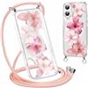 Coalbooliy Magnetica Custodia per iPhone 16 6,1 con Cordino, Trasparente Estivi Aesthetic Modello Fiore Rosa Disegni Cover Case Compatibile con MagSafe Protezione con Collana Girocollo Femmina, 10