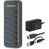 RSHTECH Powered UBS Hub, RSHTECH 7 Port USB 3.0/USB C Hub Upgraded Version Aluminum USB Hub with 2-in-1 USB Cable,5V 3A Power Adapter and Individual Switches, USB Port Expander Hub for Laptop and PC, RSH-ST07