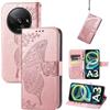 JIUNINE Cover per Xiaomi Redmi A3, Custodia Interno TPU Antiurto Portafoglio con Disegni di Farfalla [Carta Fessura] [Supporto Stand] Cover Libro in PU Pelle per Xiaomi Redmi A3, Oro rosa