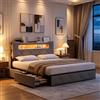 HYNHXBP Letto 140x190 Matrimoniale, Letto con 4 cassetti, testiera con Illuminazione a LED e Funzione di Ricarica USB,Struttura Letto in Metallo con doghe in Legno，Letto Imbottito Velluto,Gris