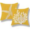 GOLIANDA - Set di 2 federe per cuscino 16 x 16 pollici, motivo costiero, giallo corallo, stelle marine, nautico, oceano, decorazioni estive, in lino, per spiaggia, cuscino per esterni, giallo