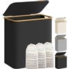SONGMICS Cesto Portabiancheria con Coperchio a 3 Scomparti, Cesta per Bucato, 150L, Sacco Rimovibile, Tessuto Oxford, Manici di Bambù, Pieghevole, 60 x 38,5 x 70,5 cm, Nero Inchiostro LCB515B01