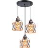 iDEGU Lampadario a Sospensione Vintage, 3 Luci Lampade a Sospensione E27 in Metallo 15CM Gabbia Design Corda di Canapa Retrò Lampada da Soffitto per Cameretta, Cucina, Sala da Pranzo (25cm Base, Nero)