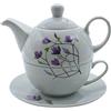 Dekohelden24 Porzellankanne, Set Tea for one, Caraffa da servizio per il tè, Teiera, Servizio da tè, Tazza da tè con teiera, Set di teiere con fiore con tazza da tè in porcellana in bianco e lilla, Dimensioni: L/L